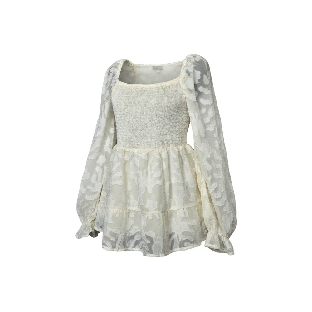 SHEIN Womens‎ Cream Burnout Floral Smocked Peplum Top Long Balloon Sleeve Large